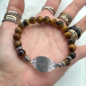 Genuine tiger eye silver leaf bead gem bracelet